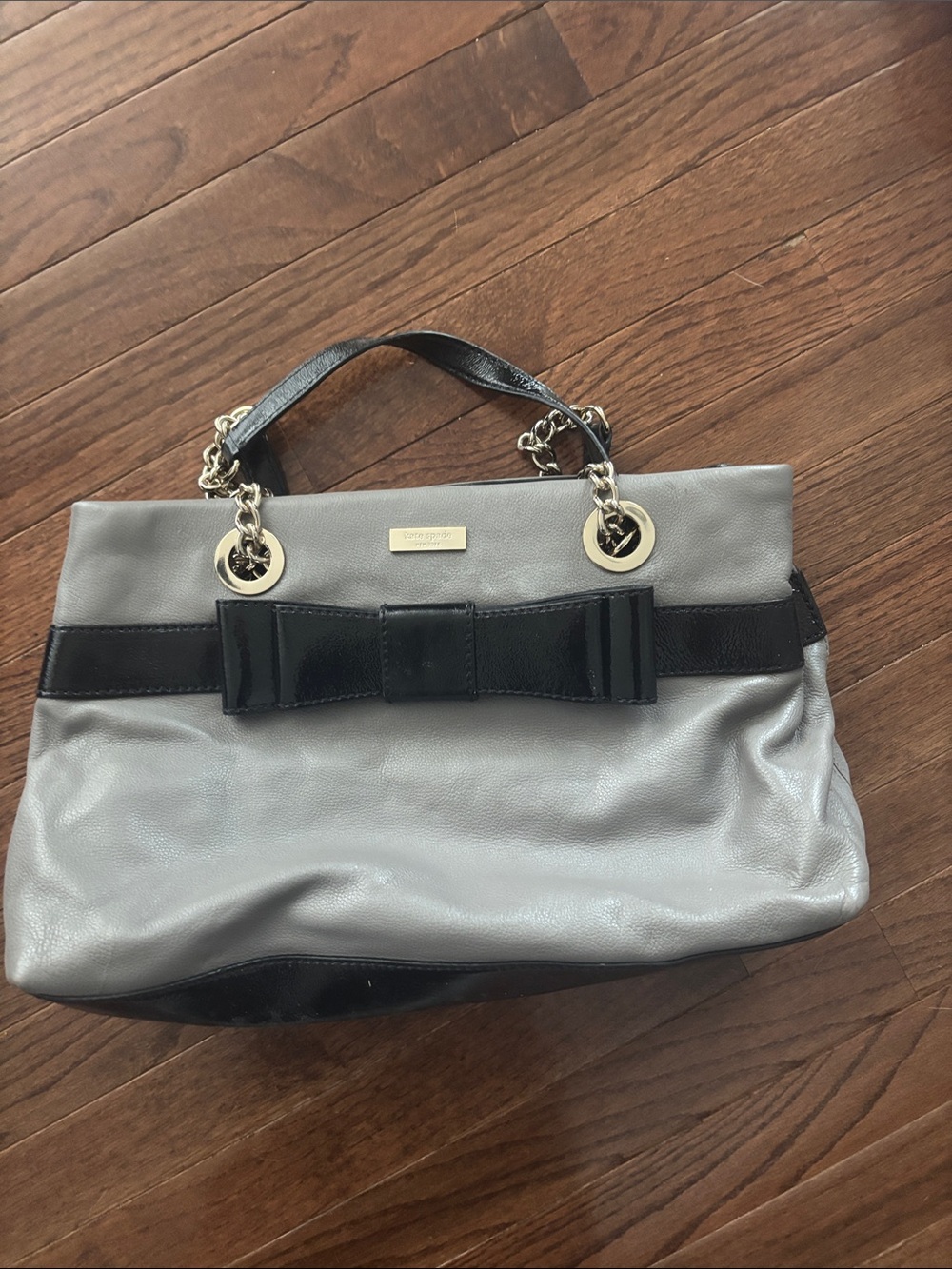 kate spade Gray Leather Shoulder Bag with Black Patent Bow and Gold Hardware